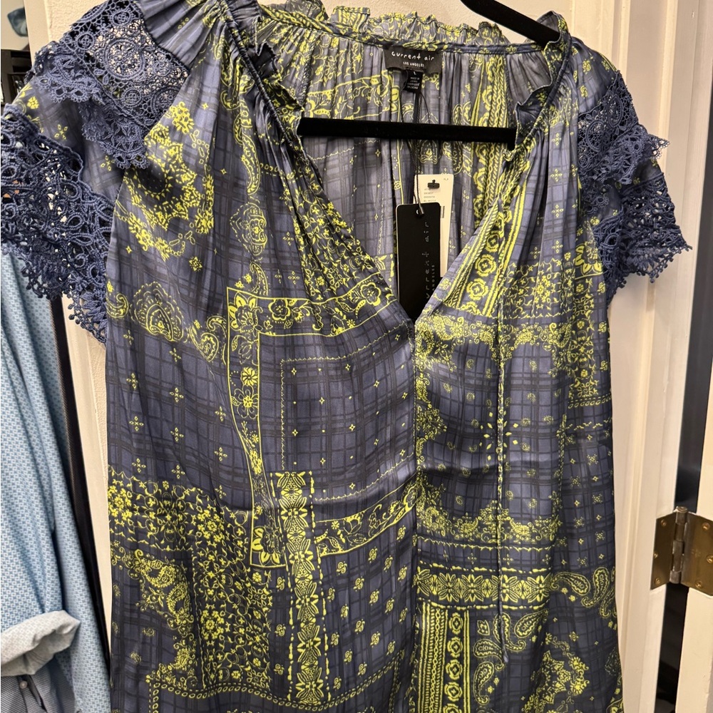 NWT Anthropologie Blue and Yellow Patterned Blouse